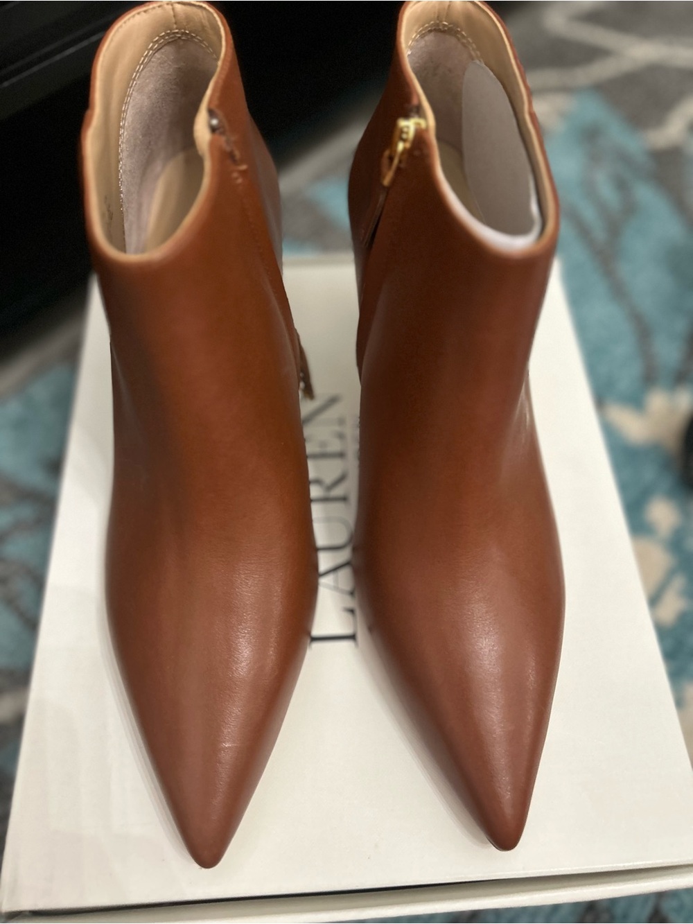 Lauren Ralph Lauren Lizzie Cognac Pointed Leather Ankle Booties Size 11